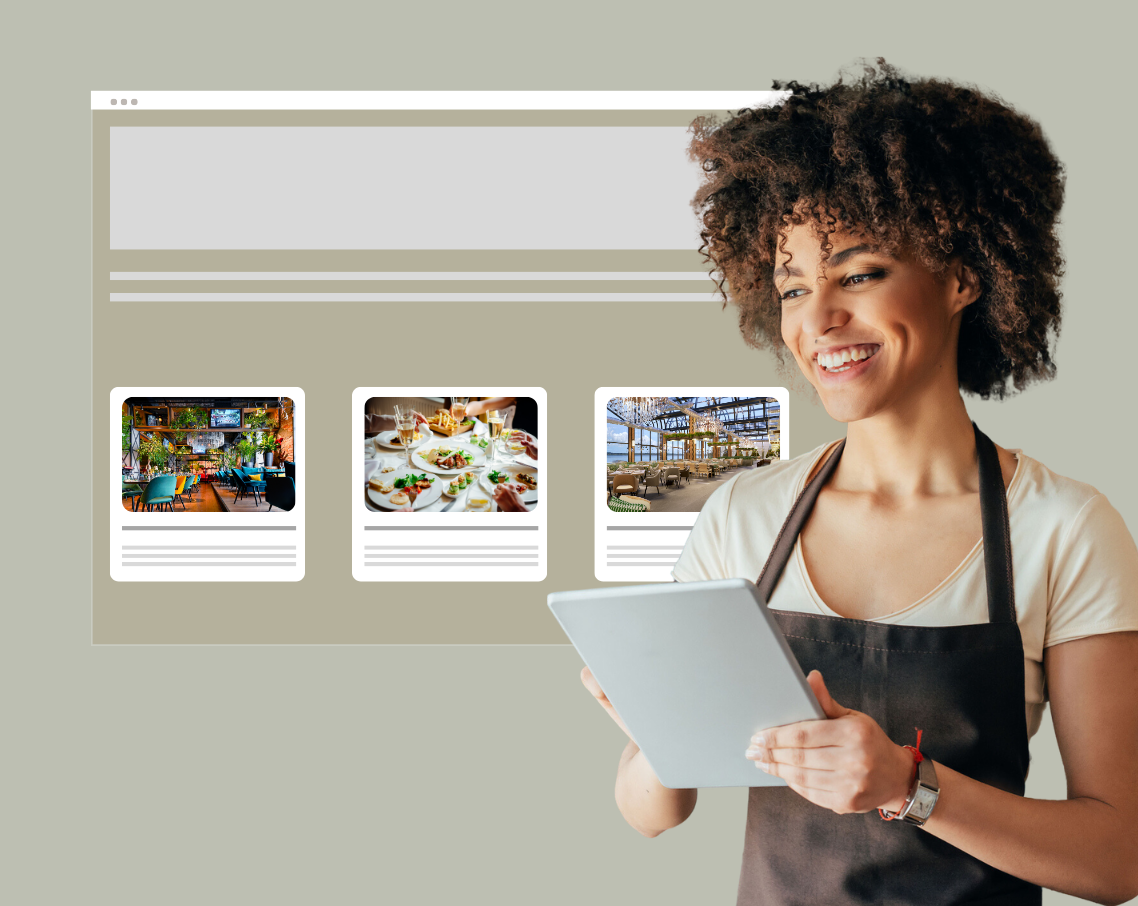 A woman in an apron is holding a tablet in front of a restaurant website.