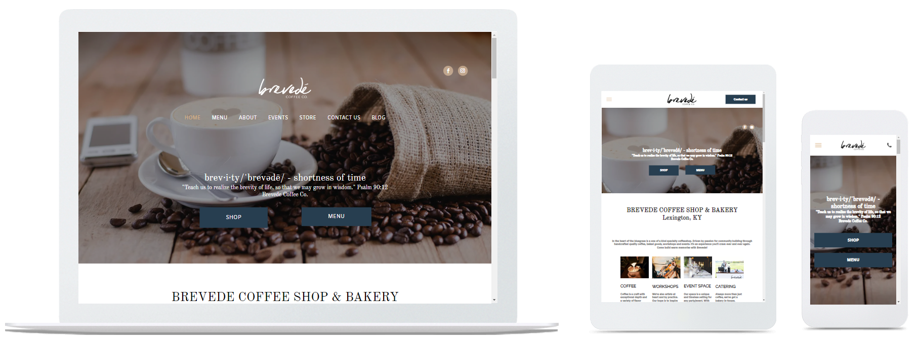 A laptop , tablet , and cell phone displaying a website.
