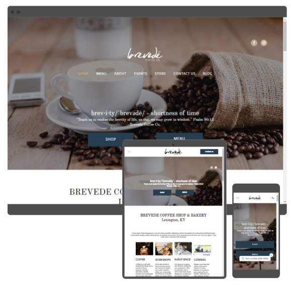 A website for brevede coffee is displayed on a tablet and phone