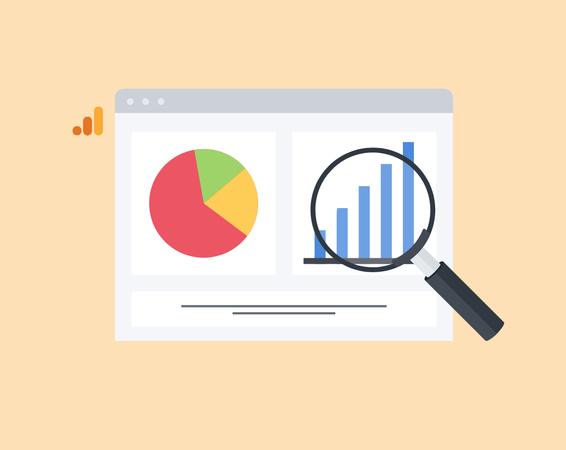 A magnifying glass is looking at a pie chart and a bar graph.