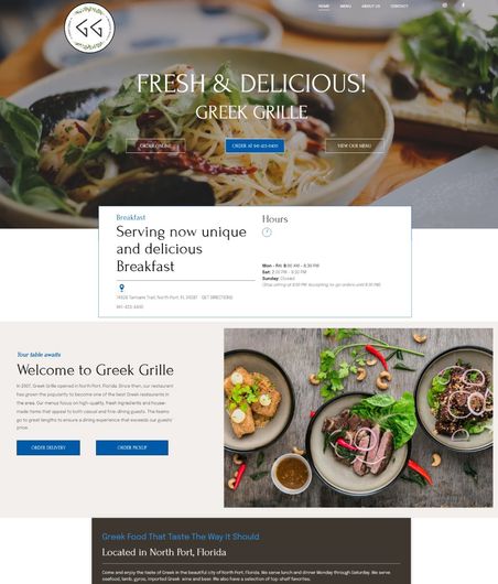 A screenshot of a website for a restaurant called fresh & delicious greek grille.