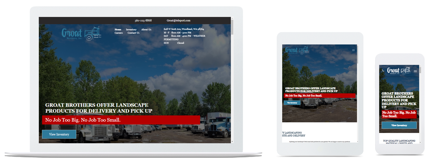A laptop , tablet , and cell phone are displaying a website.
