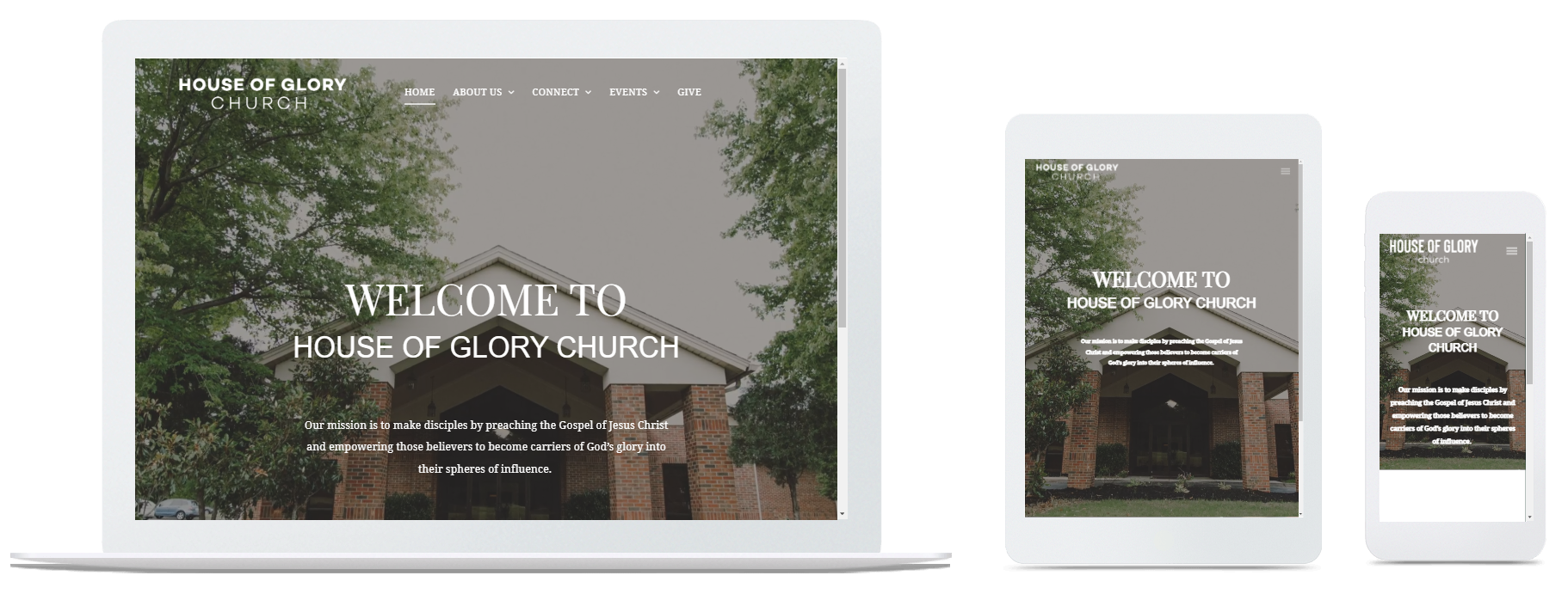 A laptop , tablet , and cell phone showing a church website.