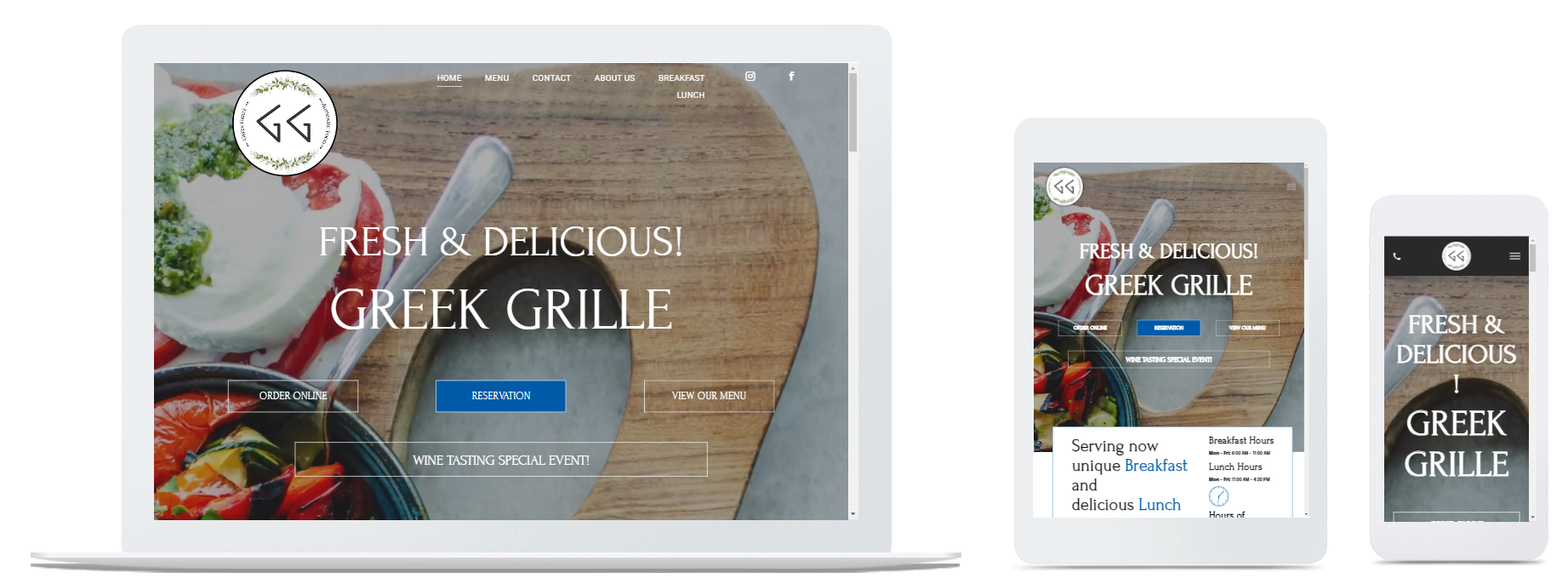 A laptop , tablet , and cell phone are displaying a greek grille website.