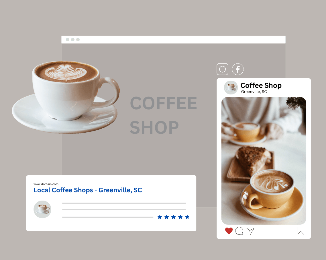 A cup of coffee is on a saucer next to a picture of a coffee shop.