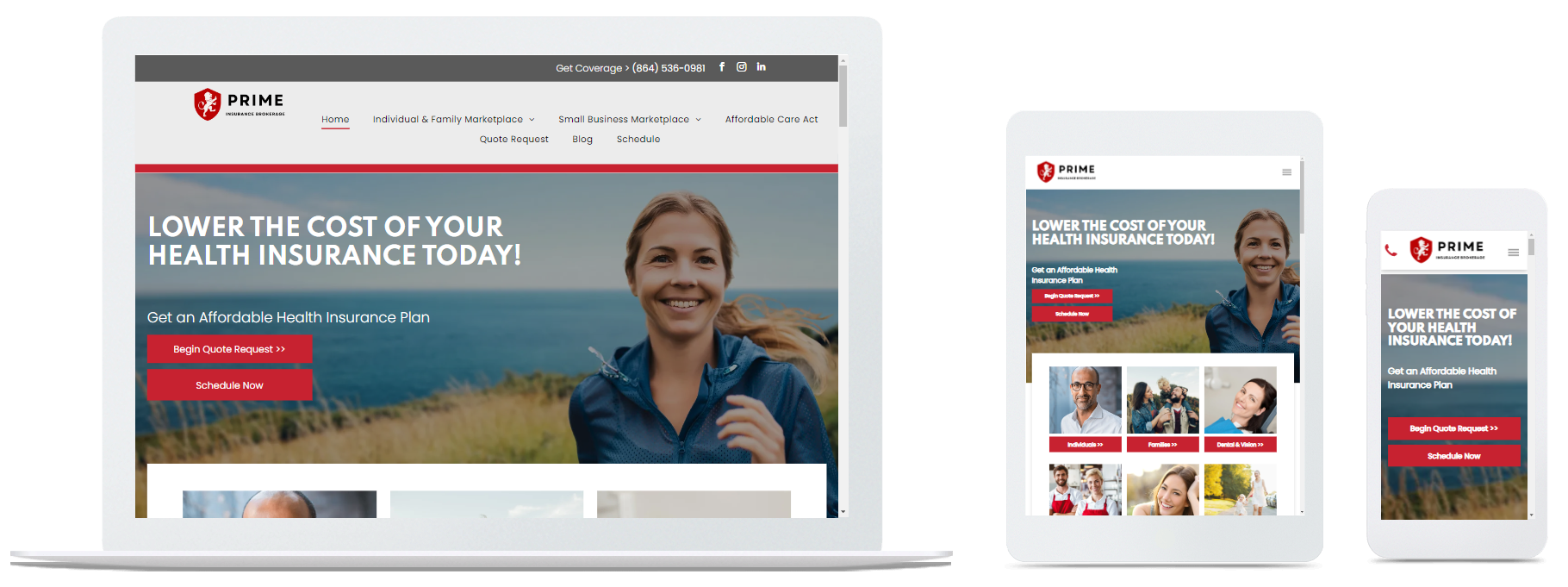A woman is running on a website on a laptop , tablet , and phone.