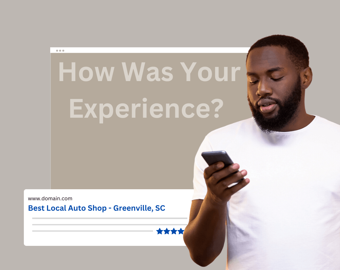 A man is holding a cell phone in front of a screen that says how was your experience