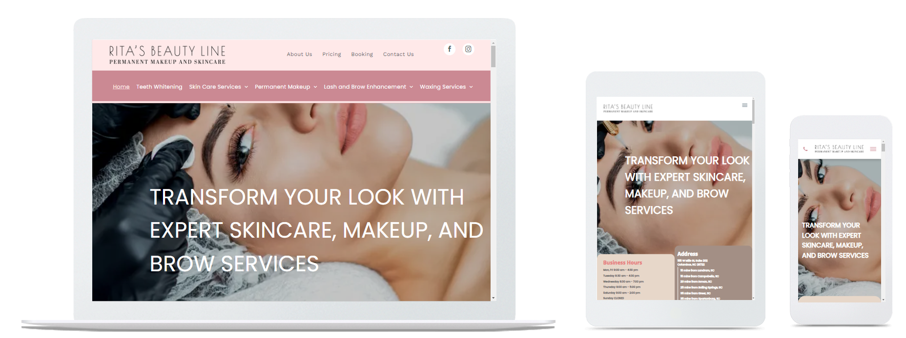 A laptop , tablet , and cell phone displaying a website for a beauty salon.