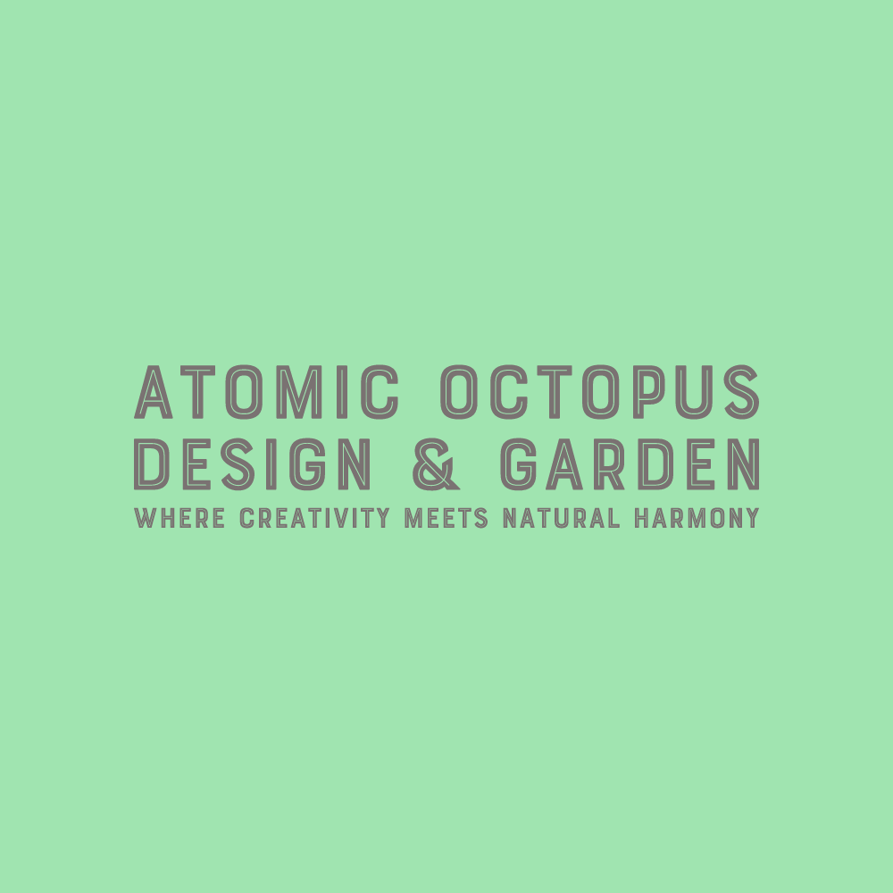 Atomic Octopus Design & Garden logo on a mint green background.