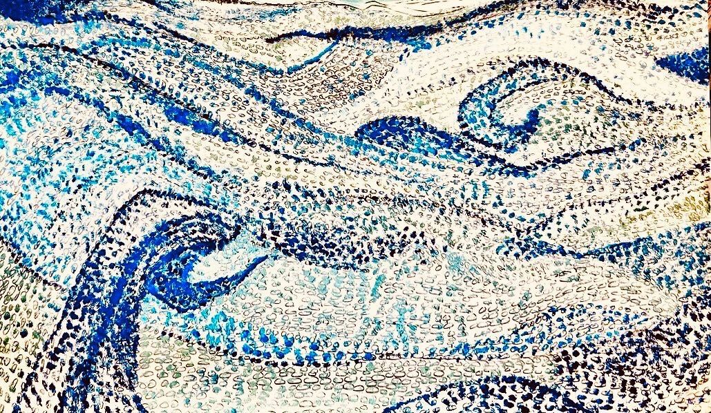Abstract artwork with swirling blue, white, and black patterns; suggestive of water or clouds.