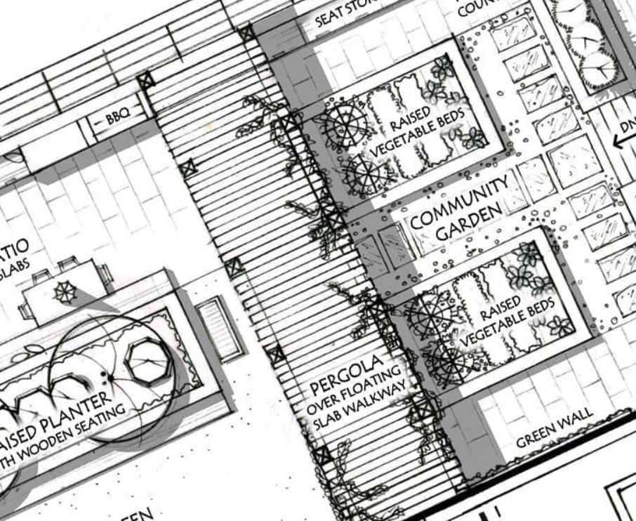 Architectural plan for a community garden featuring a pergola, raised beds, and seating areas.