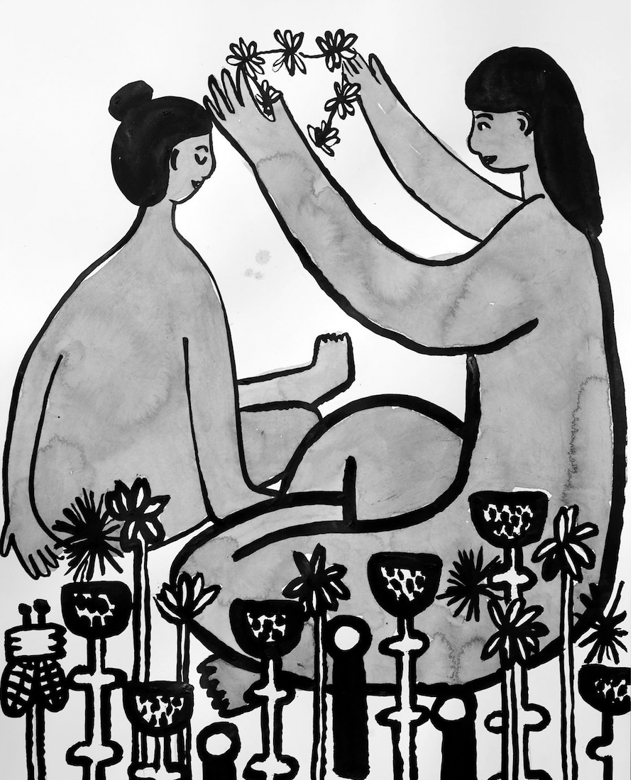 Woman placing flower crown on another's head, seated among stylized flowers.