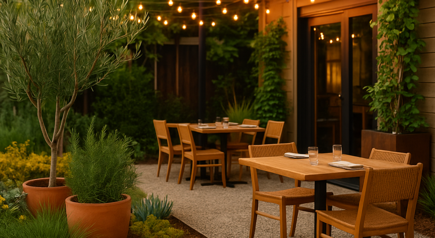 Outdoor restaurant seating with string lights, wooden tables, and potted plants.