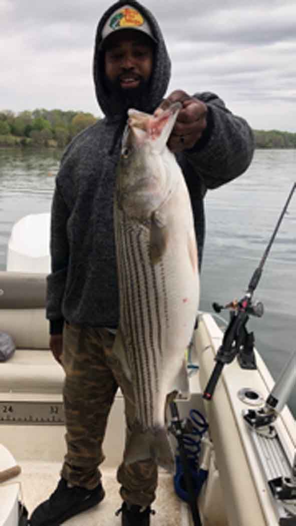 Angler holding a large striped bass on a boat, with fishing rod and calm water in the background.