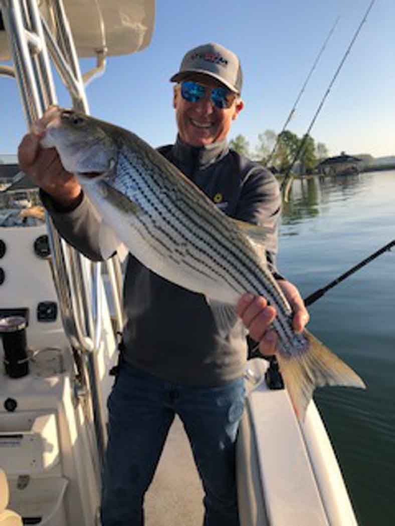 Man on a boat holding a large striped fish by the water at sunrise