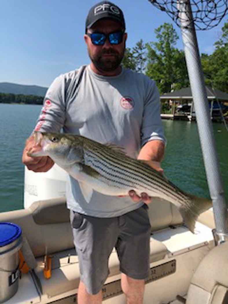 Man holding a striped fish on a boat by a lakeshore, wearing a cap and sunglasses