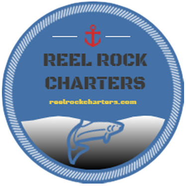 Reel Rock Charters logo with blue circle, red anchor, fish, and website text
