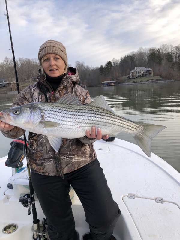 Person on a boat holding a large striped bass on a calm river under a cloudy sky