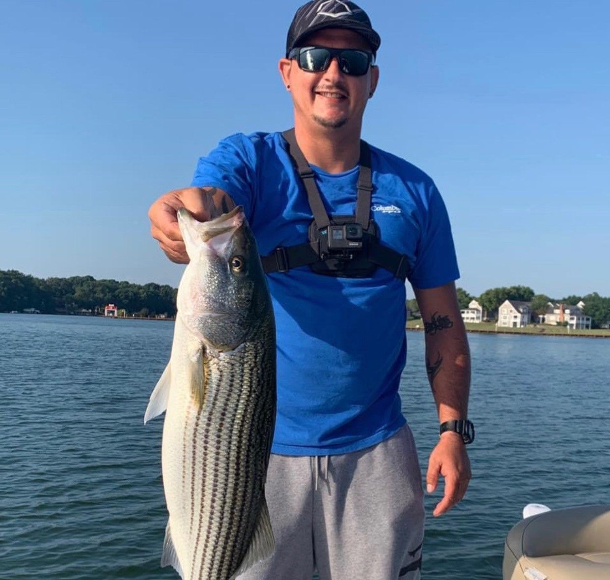 Man on a boat holding a large striped bass, wearing a blue shirt and cap on a sunny lake
