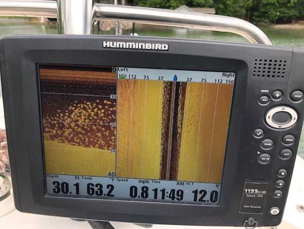Boat fish finder display showing sonar scans and depth readings on a Humminbird screen