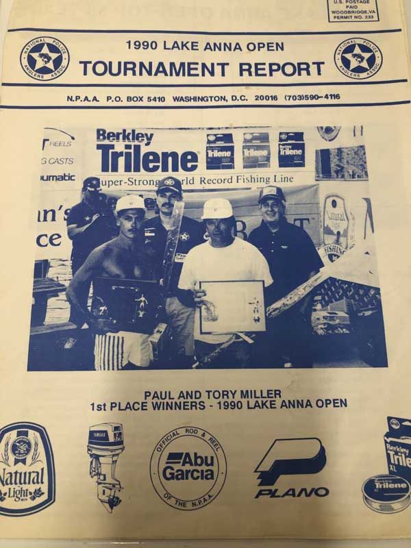 Tournament report cover for the 1990 Lake Anna Open, featuring anglers with sponsor logos and trophies