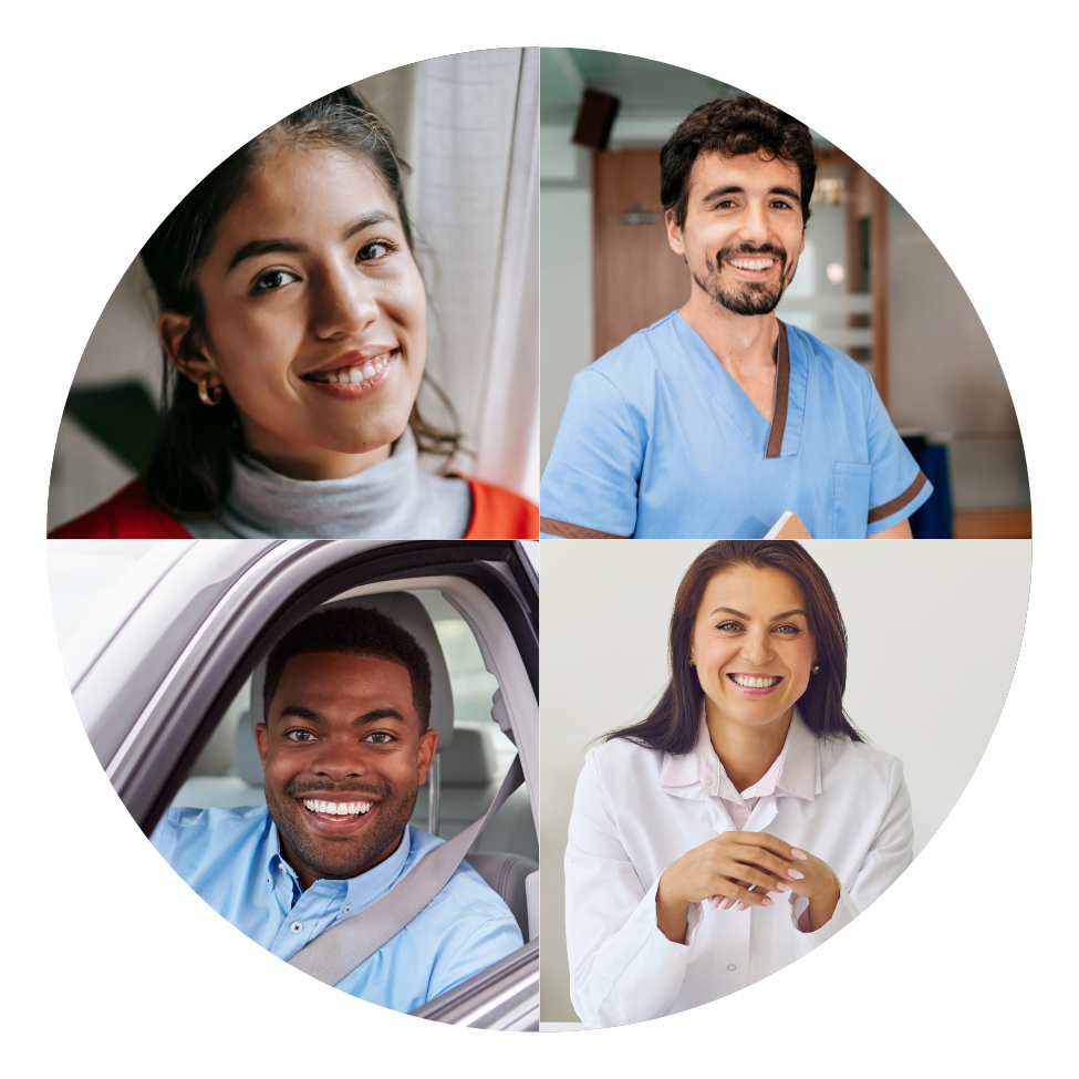 A group of people are smiling in a circle.