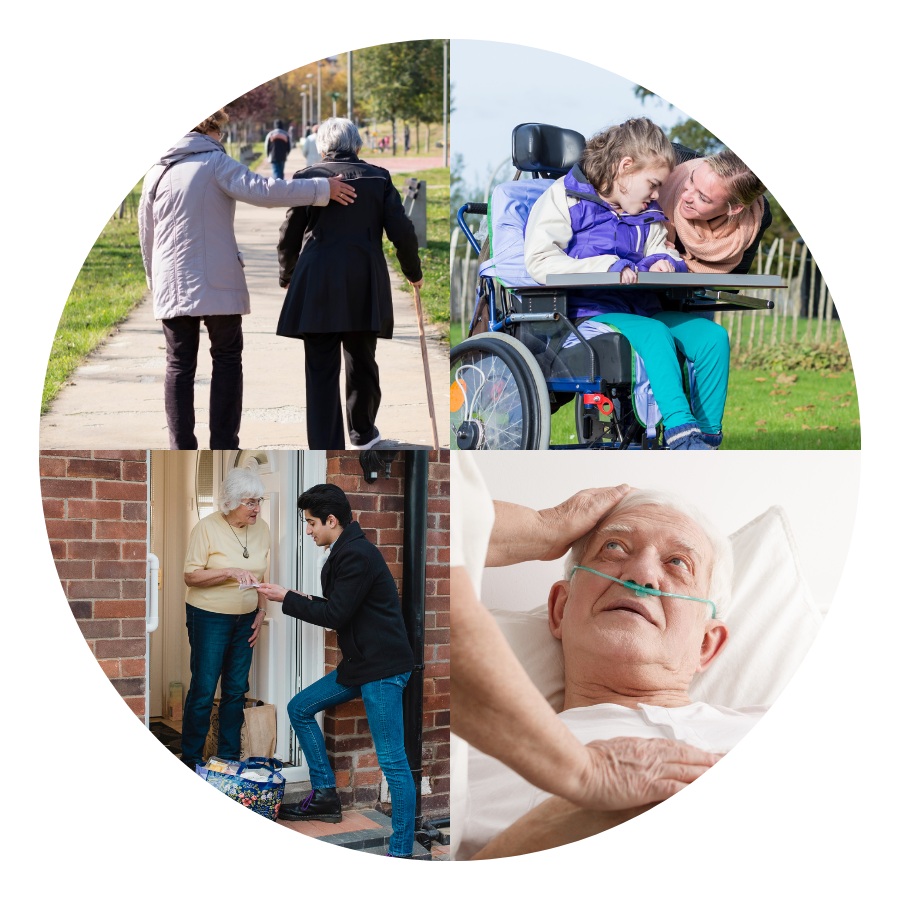 A collage of four pictures of people including a woman in a wheelchair