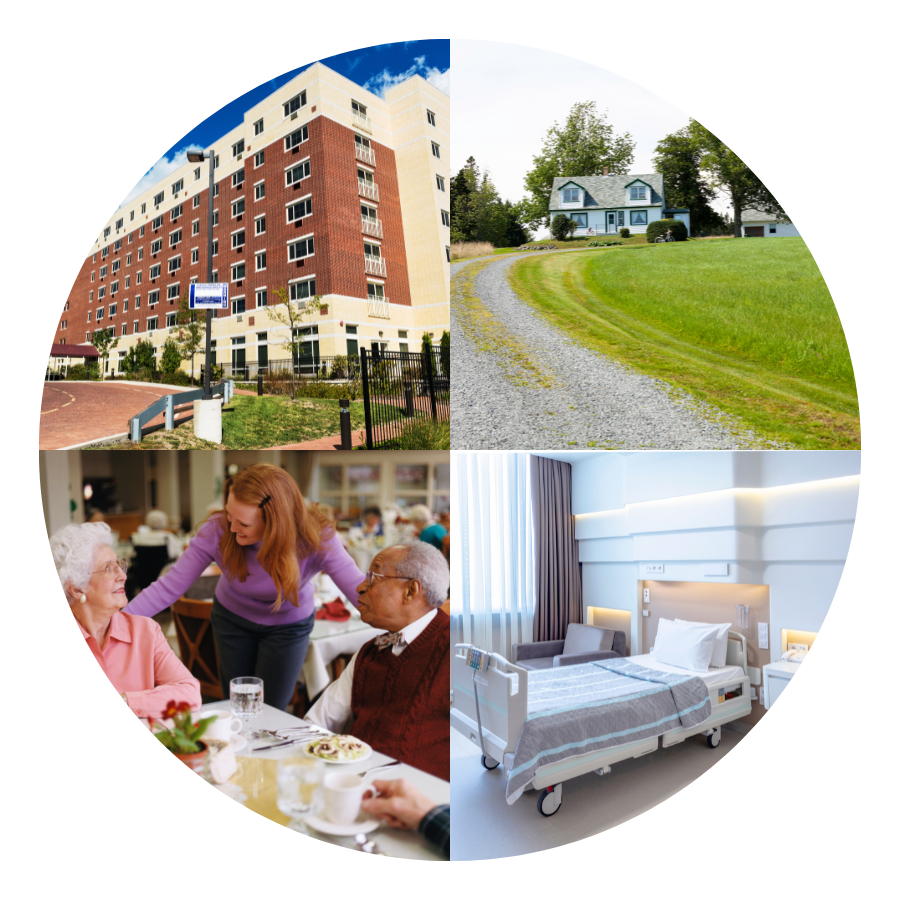 A collage of four pictures shows a woman serving food to an elderly couple and a hospital bed