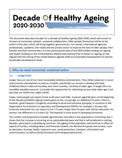 A white paper with the words `` decade of healthy ageing '' on it.