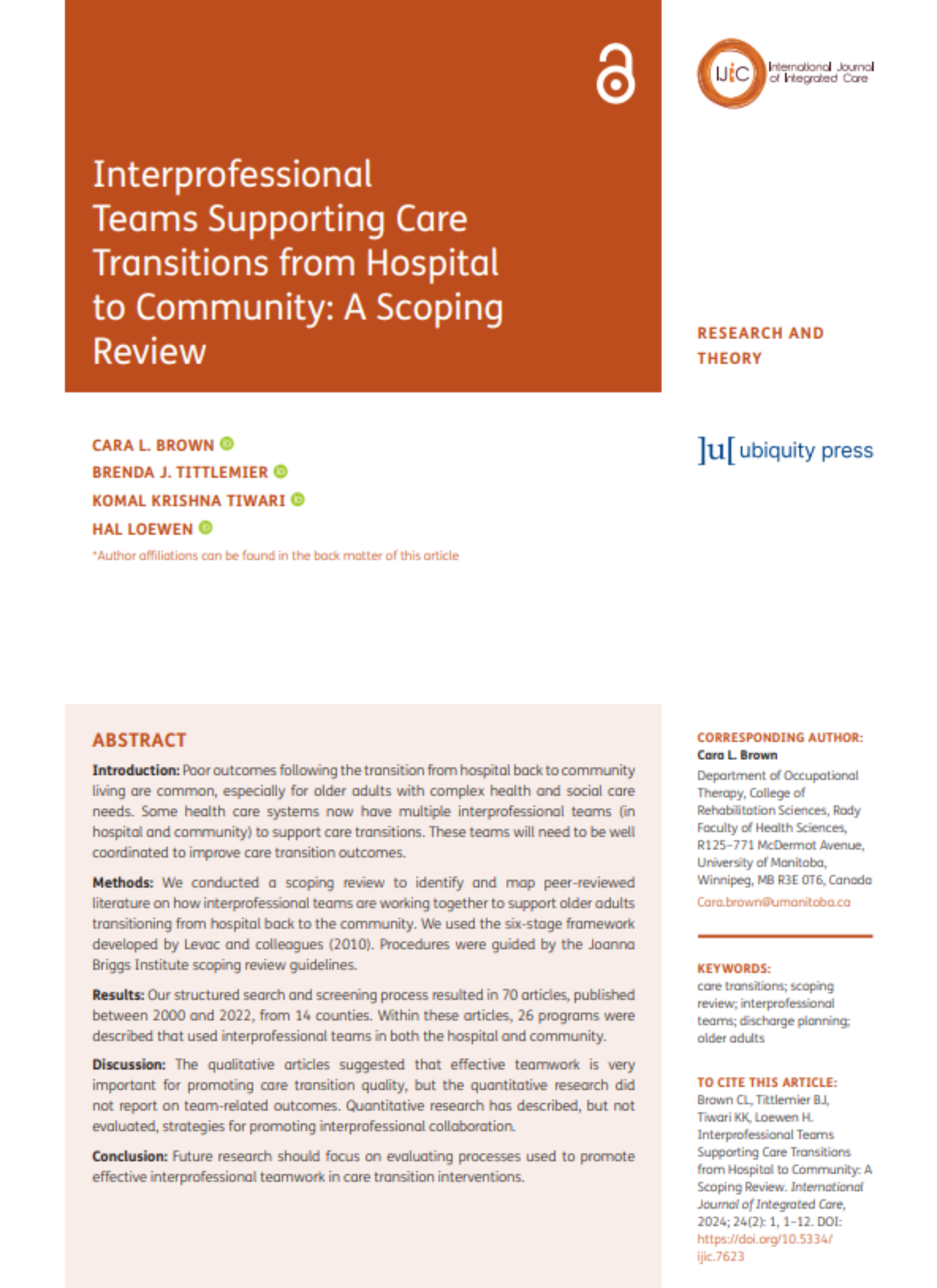 A paper titled interprofessional teams supporting care transitions from hospital to community : a scoping review