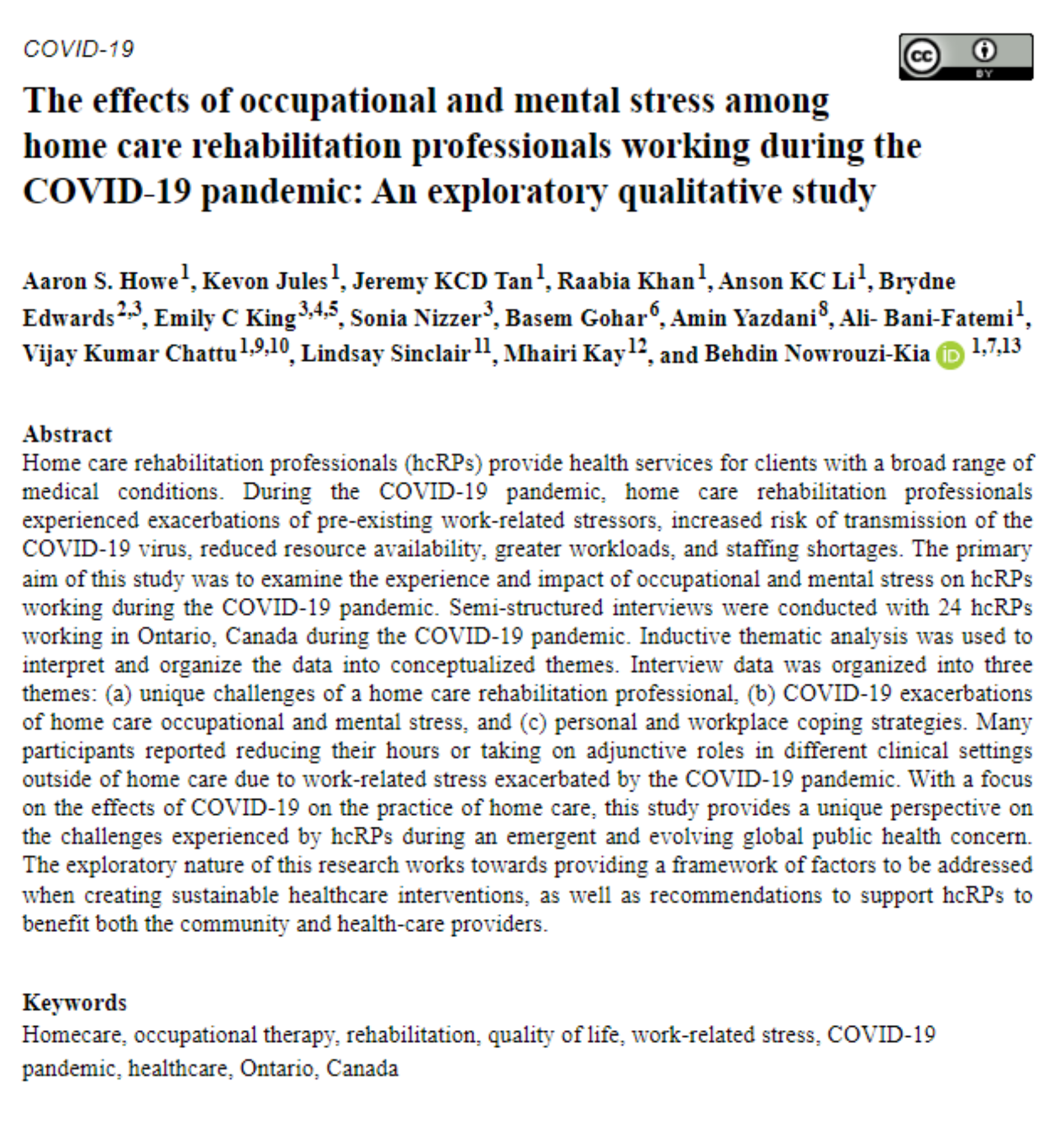 Effects of occupational and mental stress among home care rehabilitation professionals working during the covid-19 pandemic