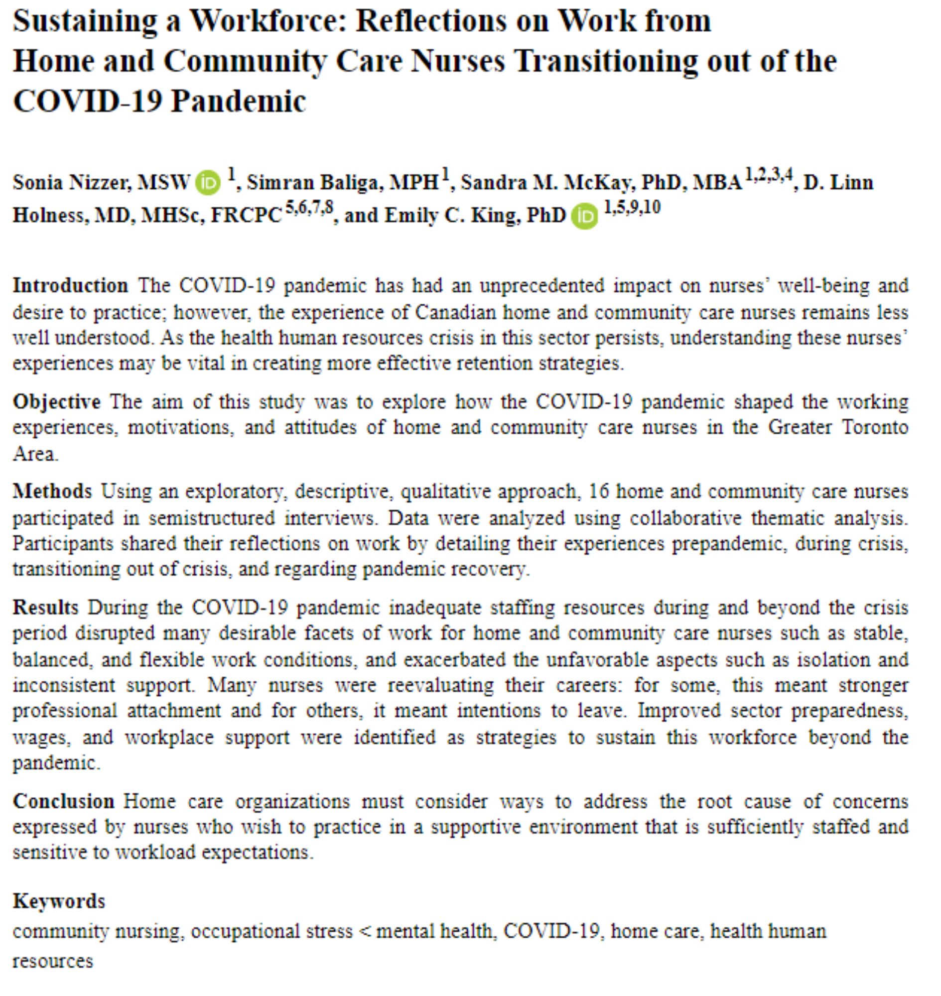 A paper titled sustaining a workforce : reflections on work from home and community care nurses