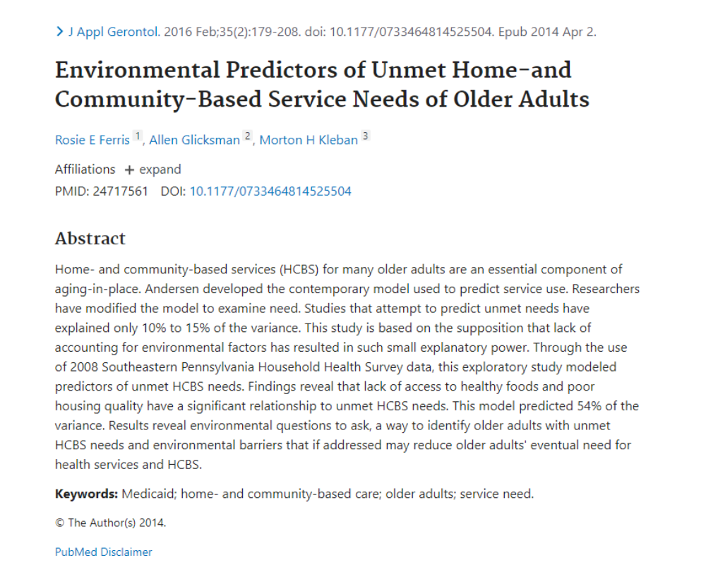 A paper titled environmental predictors of unmet home and community-based service needs of older adults
