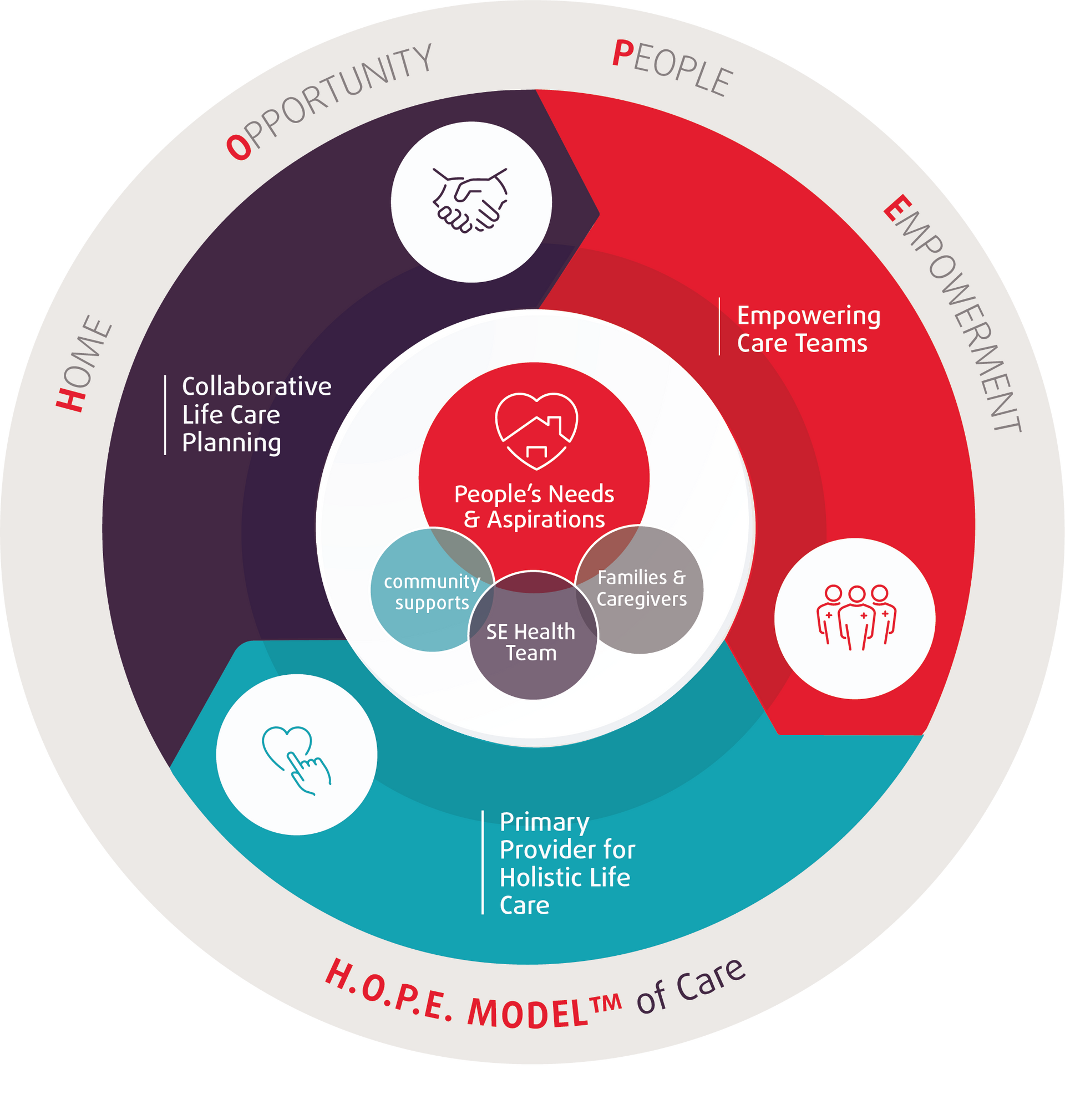 A diagram of the h.o.p.e. model of care