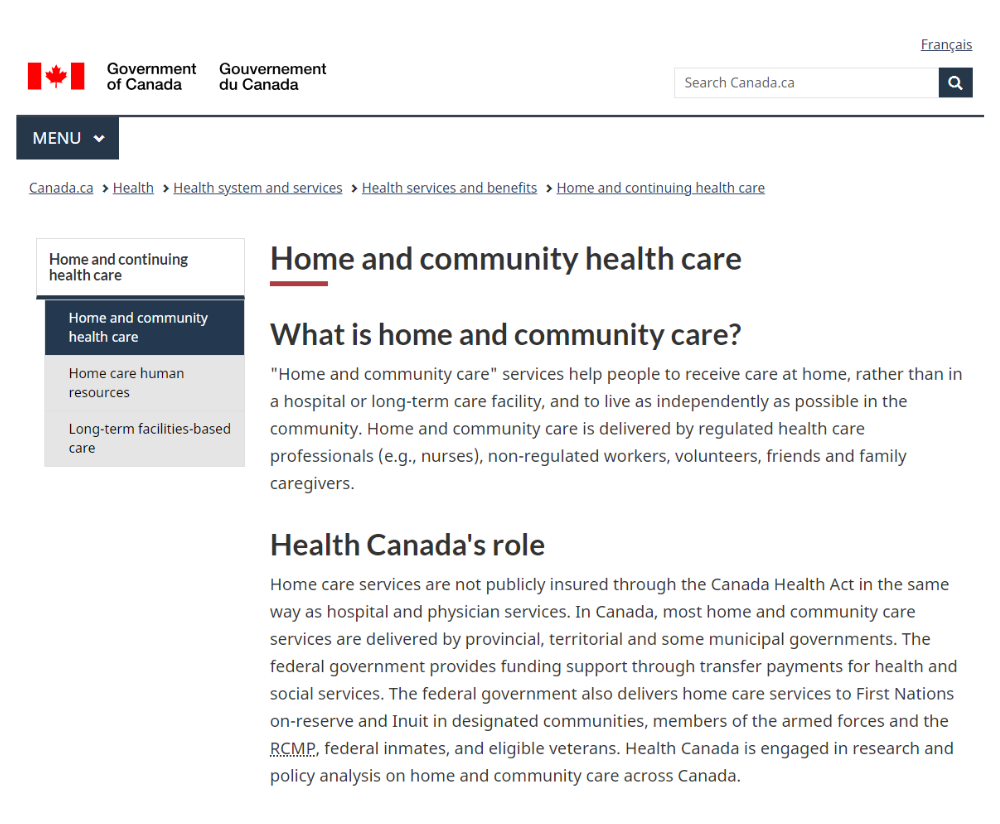 A screenshot of the home and community health care website.