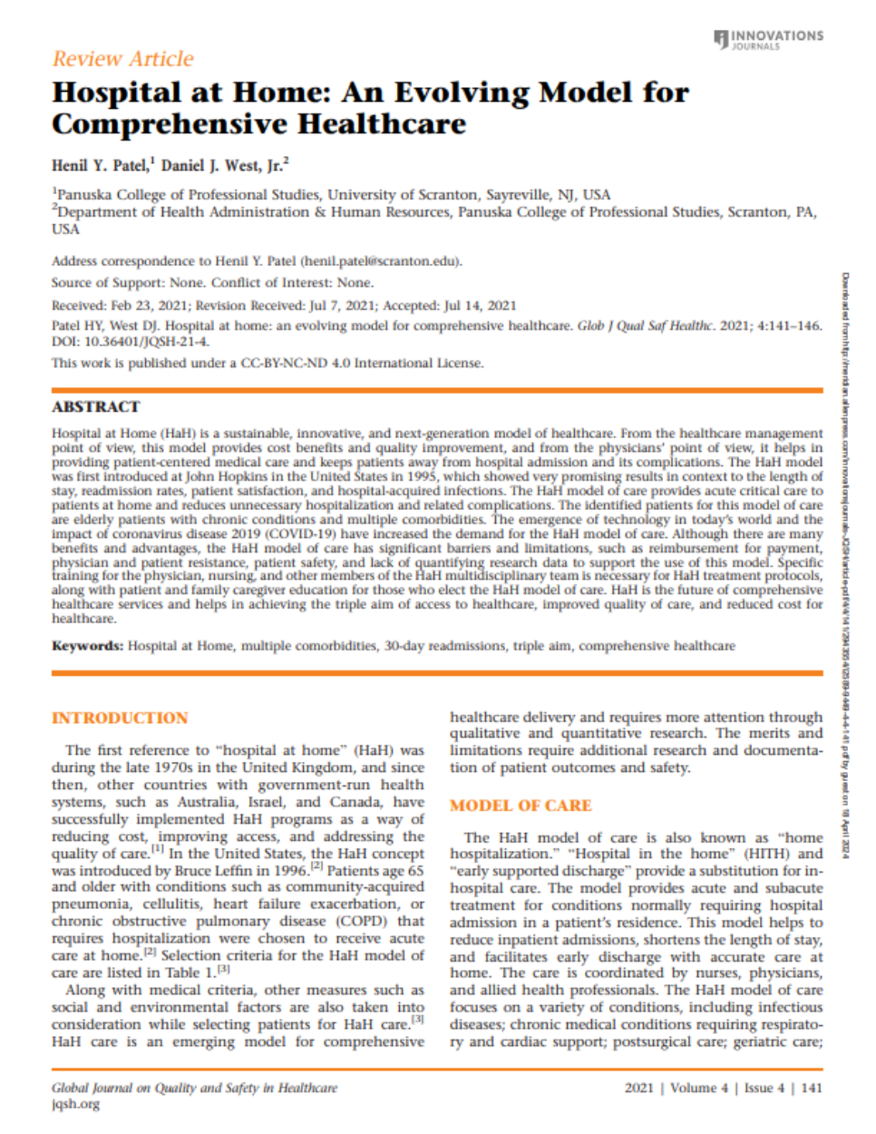 A paper titled hospital at home : an evolving model for comprehensive healthcare