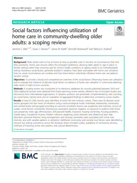 Social factors influencing utilization of home care in community-dwelling older adults : a scoping review