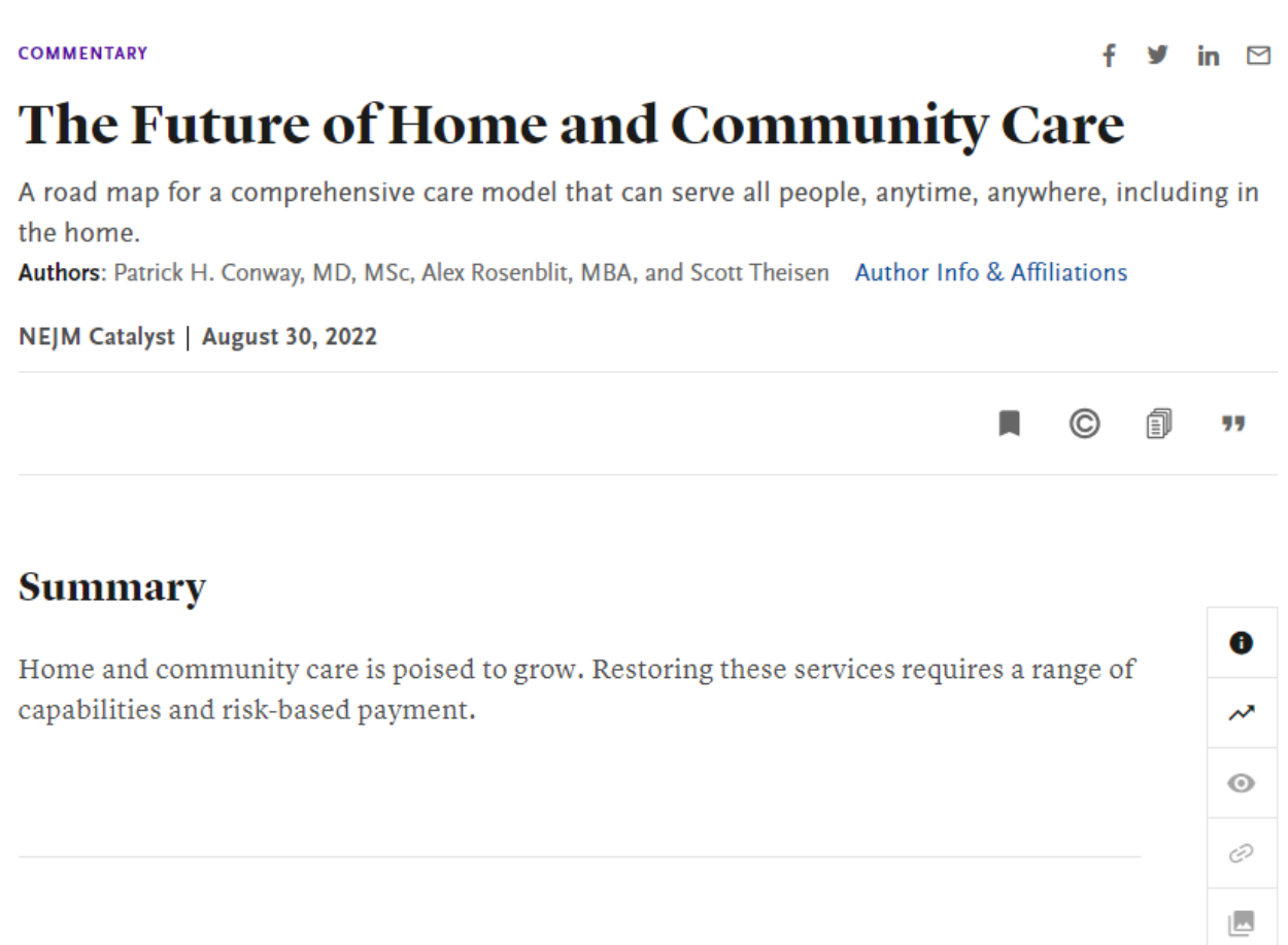 A screenshot of a website titled the future of home and community care.