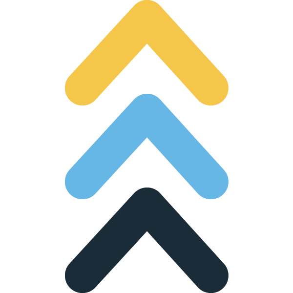 A yellow , blue and black arrow pointing up on a white background.