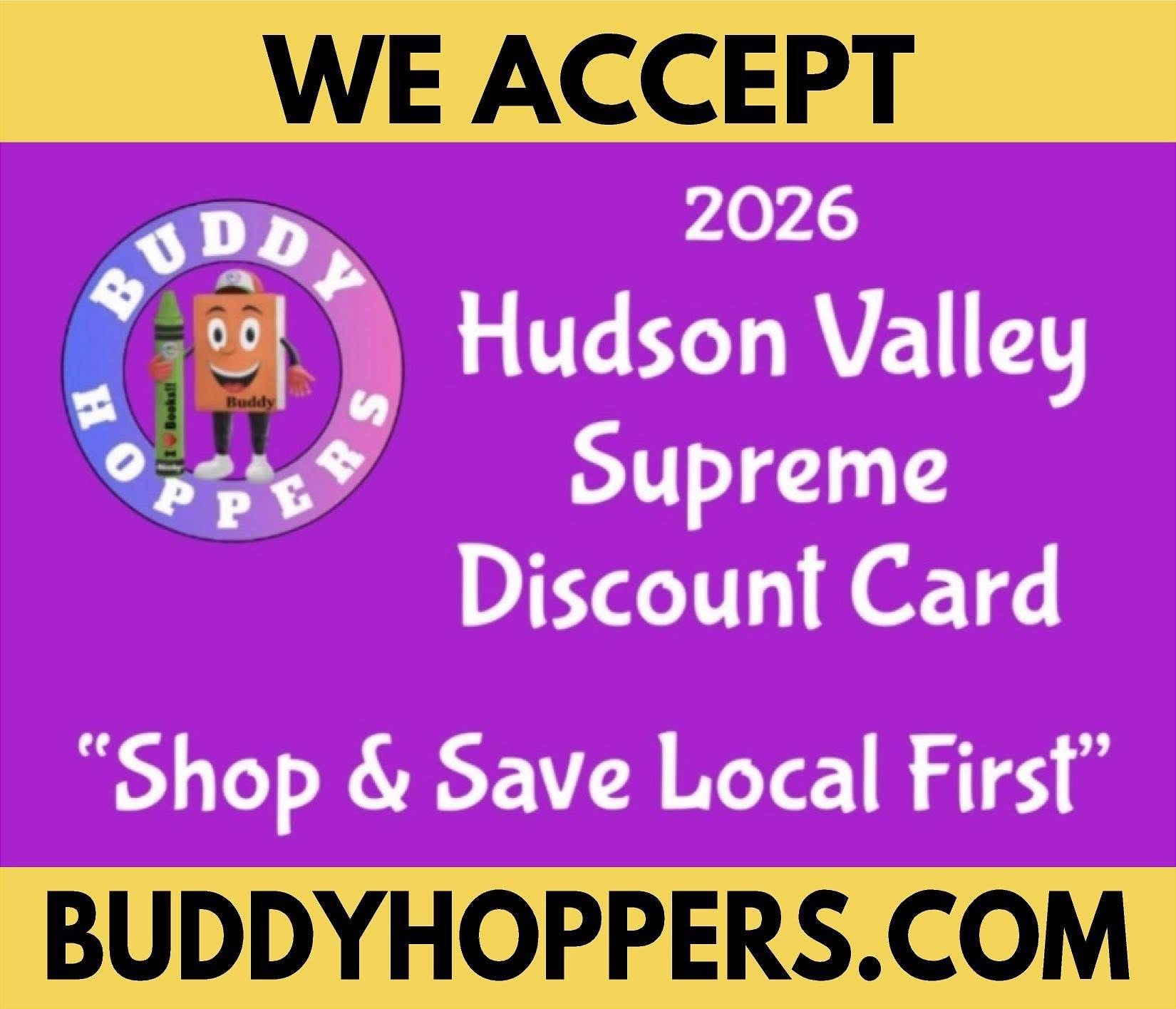 Hudson Valley Supreme Discount Card ad in purple and yellow with Buddy Hoppers logo and website URL