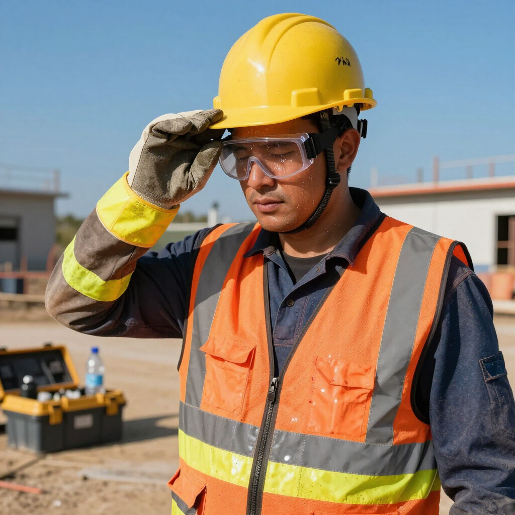 Roadwork crew wearing high-visibility safety apparel while working in hot weather