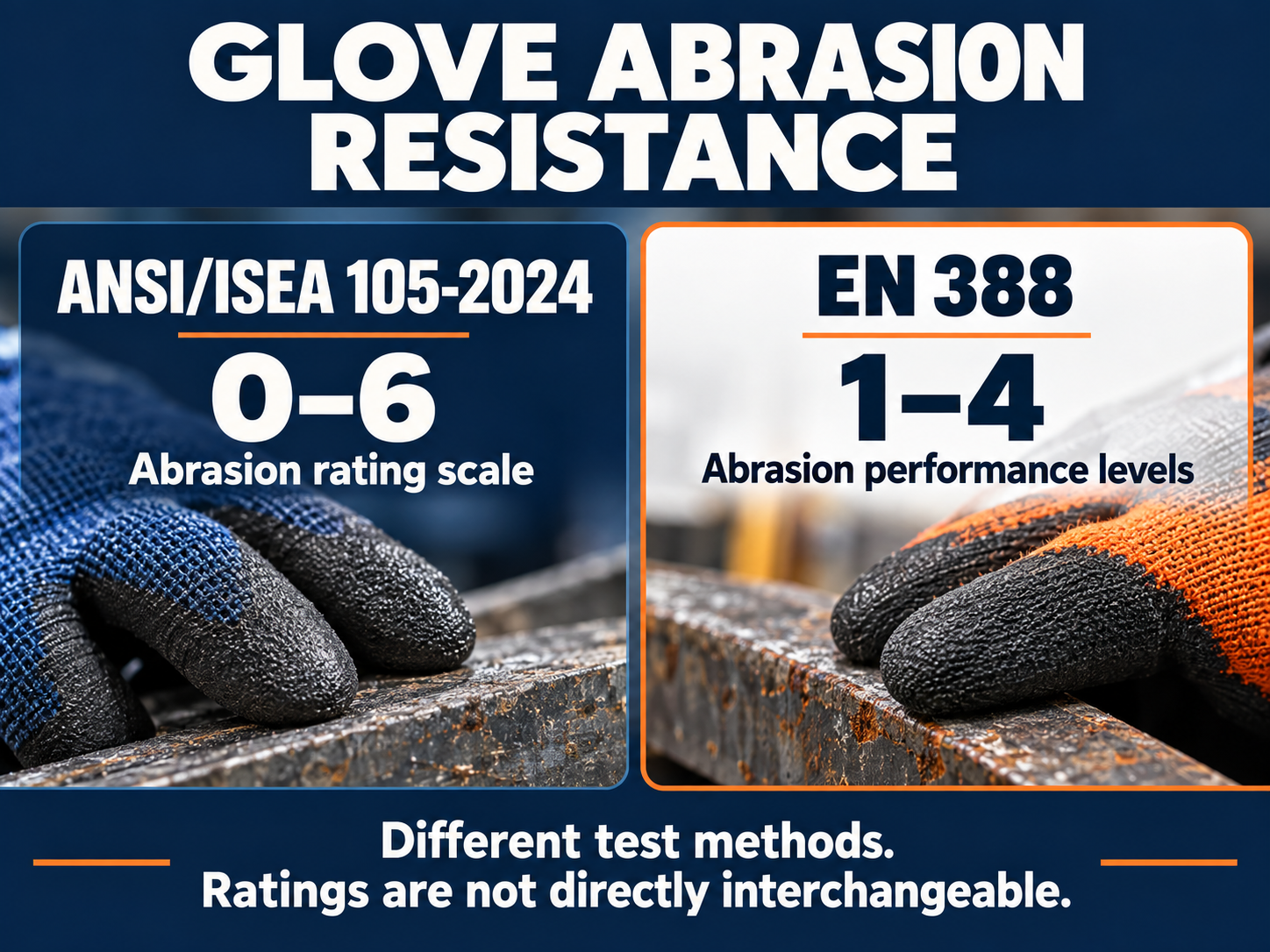 Comparison graphic showing ANSI/ISEA and EN 388 glove abrasion resistance ratings