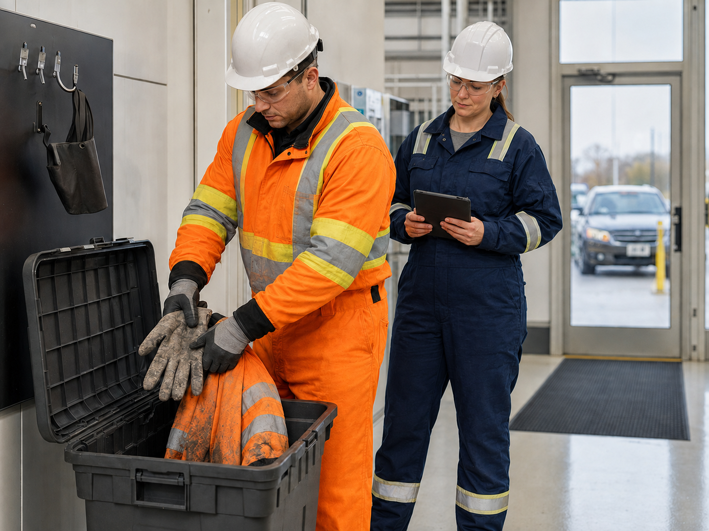 Worker placing contaminated PPE into a designated sealed container