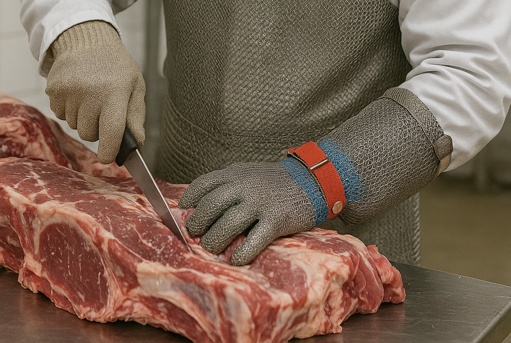 workplace cut resistant gloves being used on meat