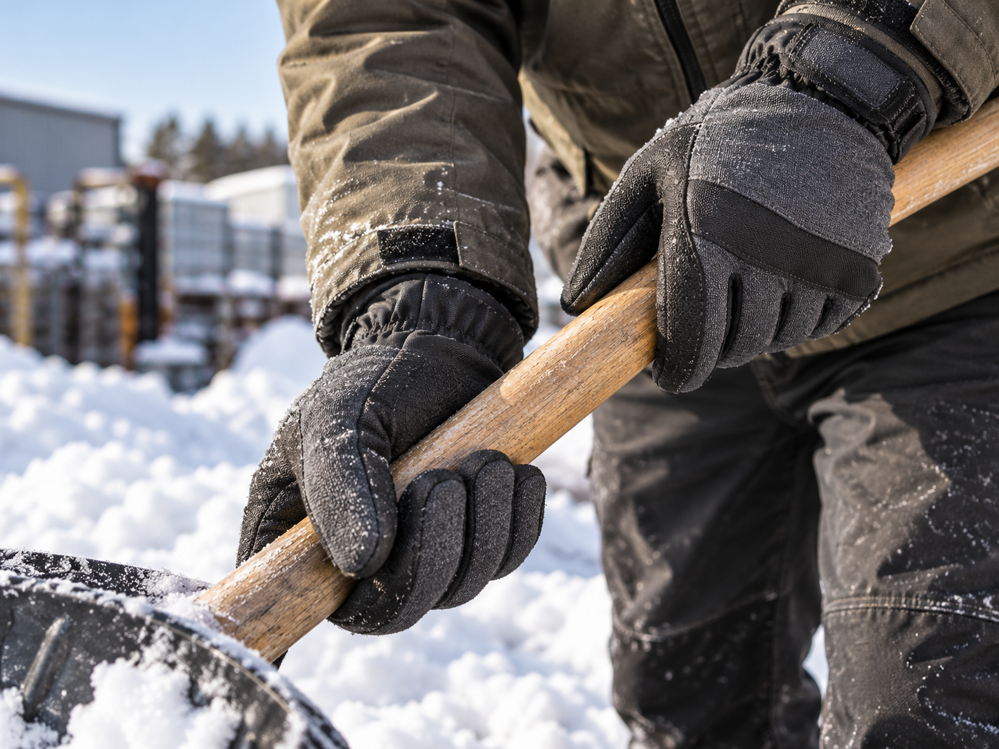 Close-up of cold temp winter work gloves