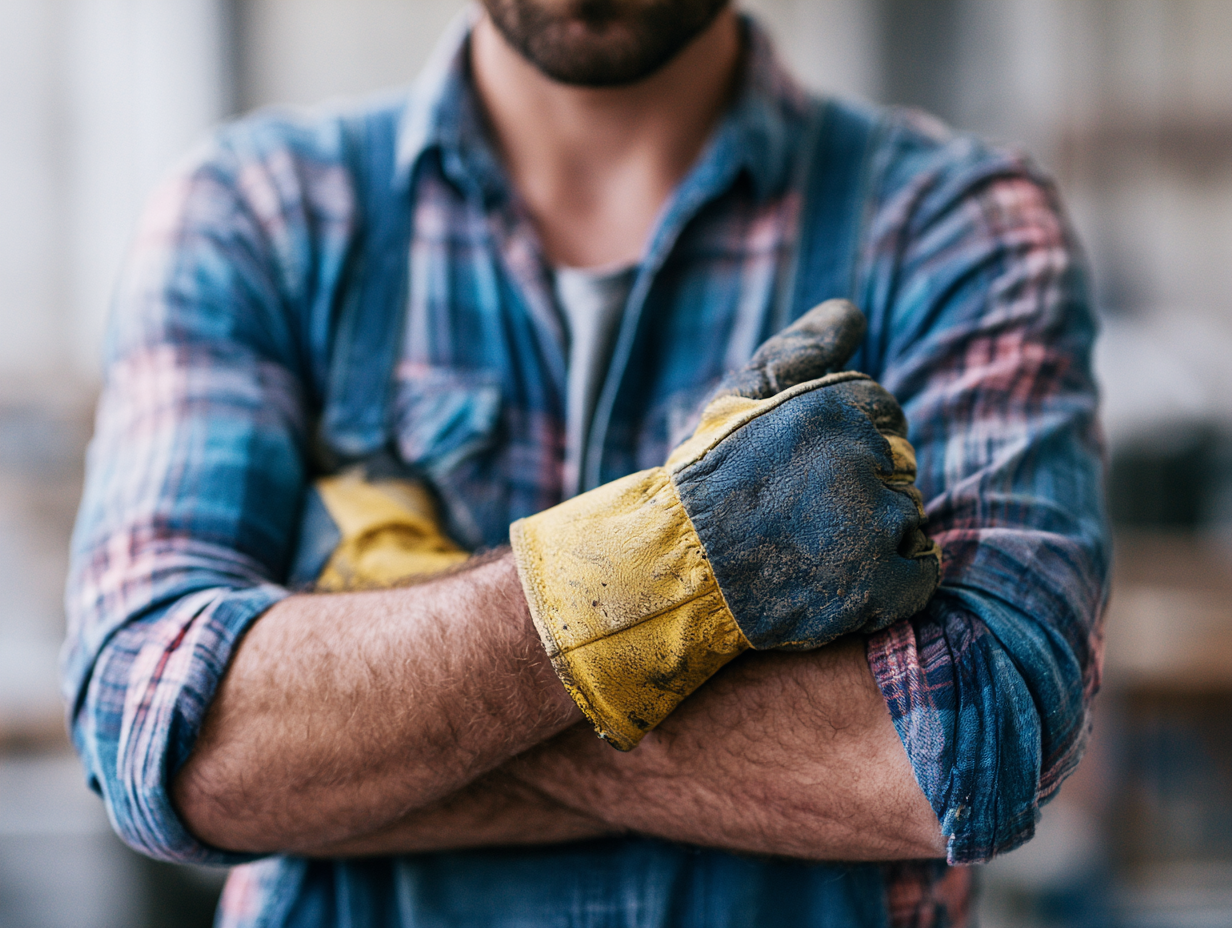 a handyman standing confidently with his industrial gloves