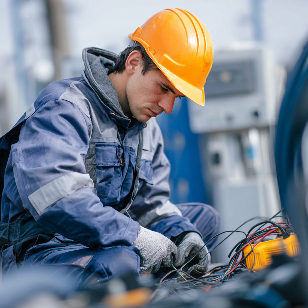 EV technician wearing arc flash PPE while working around high-voltage electric vehicle systems