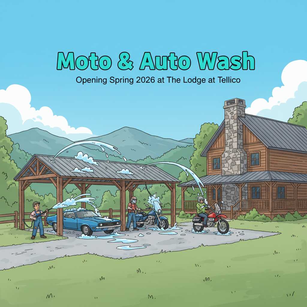 Illustration of a moto and auto wash opening Spring 2025. People washing cars and motorcycles outside a lodge.