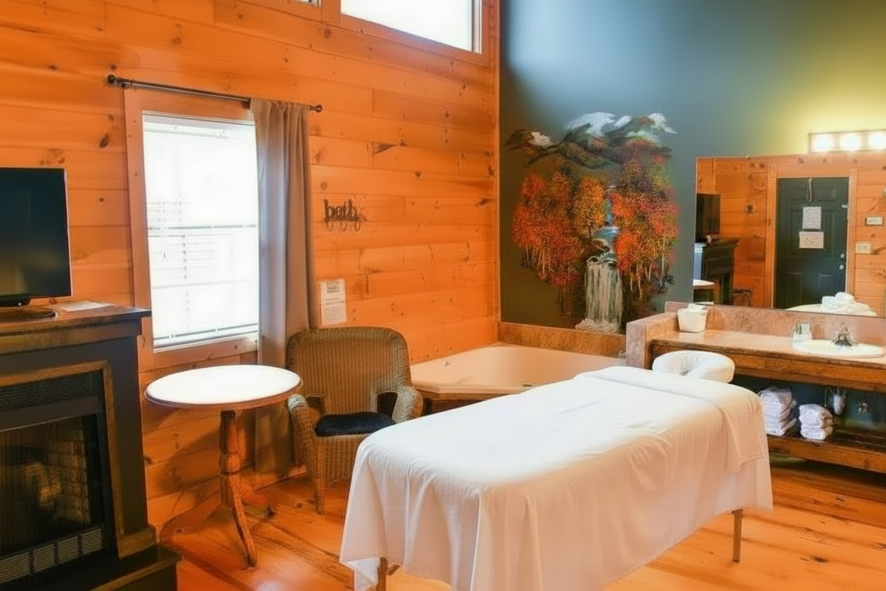 Massage room with a massage table, fireplace, window, and sink area.