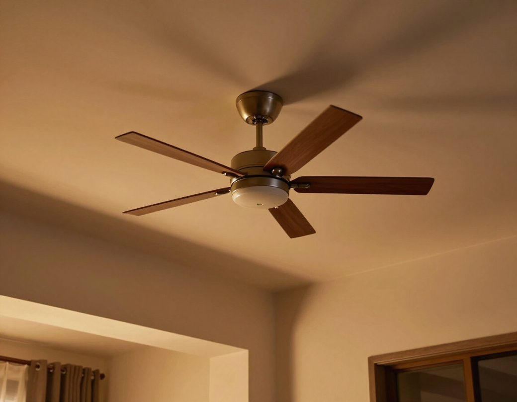 Ventilador de techo instalado en ambiente residencial con iluminación cálida